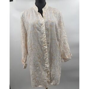 Carole Little Woman 2X White Linen Embroidered Mandarin Collar Tunic Shirt Top